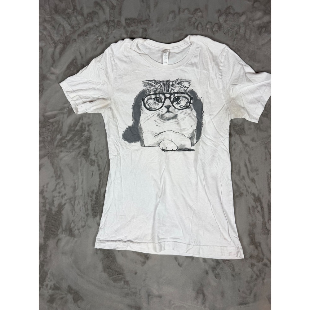 Bella Canvas White Graphic Tee Cat Wearing Glasses Small